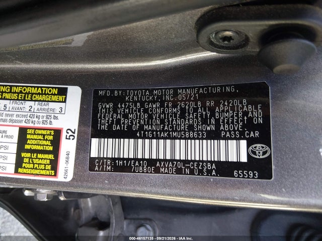 Продажа на аукционе авто 2021 Toyota Camry Se, vin: 4T1G11AK1MU588633, номер лота: 46157135