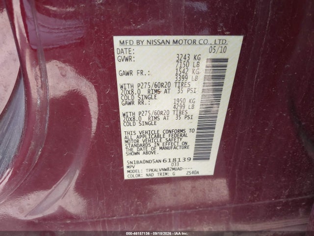 Продаж на аукціоні авто 2010 Nissan Armada Titanium, vin: 5N1BA0ND5AN618139, номер лоту: 46157136