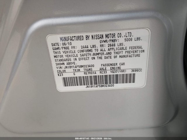 46157143 :رقم المزاد ، JN1BY1AP5BM323400 vin ، 2011 Infiniti M37 مزاد بيع