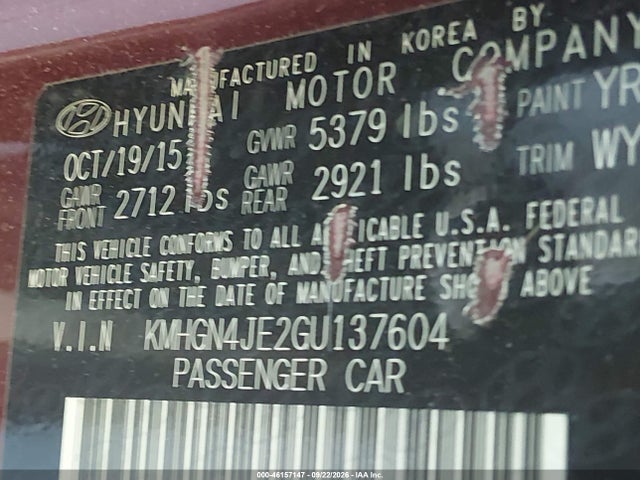 Aukcja sprzedaży 2016 Hyundai Genesis 3.8, vin: KMHGN4JE2GU137604, numer aukcji: 46157147