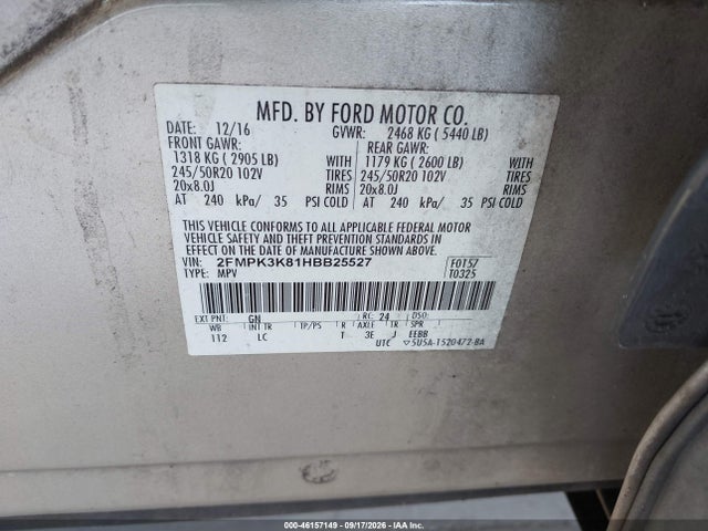 Продаж на аукціоні авто 2017 Ford Edge Titanium, vin: 2FMPK3K81HBB25527, номер лоту: 46157149