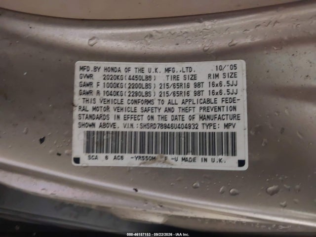 Продаж на аукціоні авто 2006 Honda Cr-v Se, vin: SHSRD78946U404932, номер лоту: 46157153