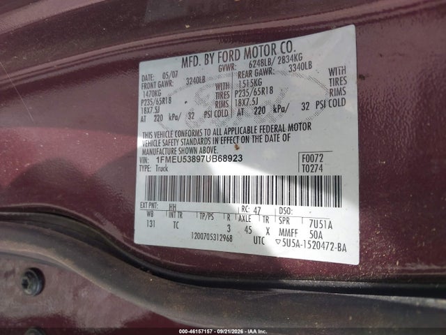 2007 Ford Explorer Sport Trac Limited მანქანა იყიდება აუქციონზე, vin: 1FMEU53897UB68923, აუქციონის ნომერი: 46157157