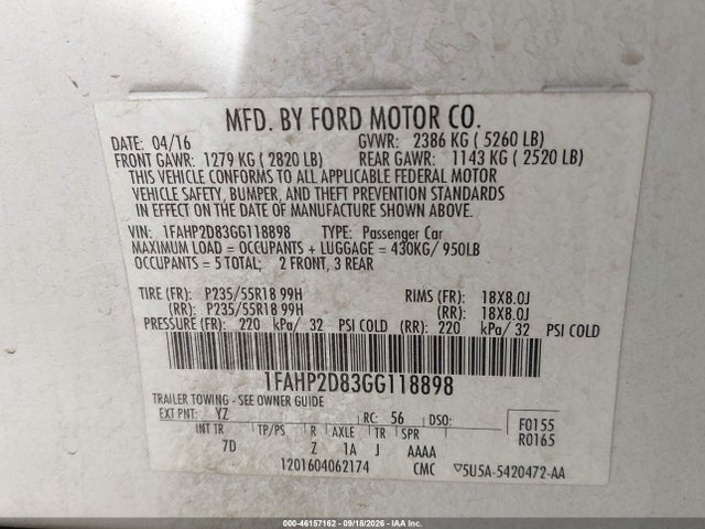 Ford TAURUS SE 2016 1FAHP2D83GG118898 Image 9