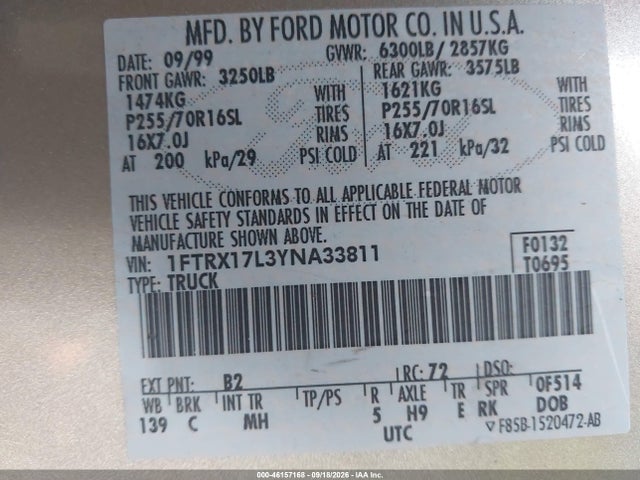 Aukcja sprzedaży 2000 Ford F-150 Lariat/work Series/xl/xlt, vin: 1FTRX17L3YNA33811, numer aukcji: 46157168