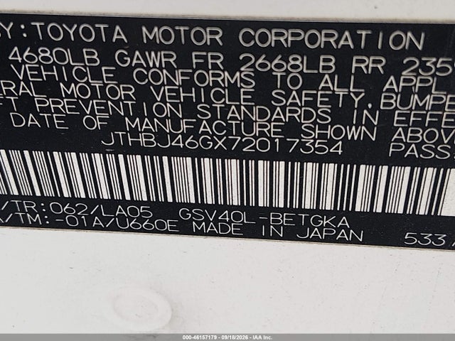 2007 Lexus Es 350 მანქანა იყიდება აუქციონზე, vin: JTHBJ46GX72017354, აუქციონის ნომერი: 46157179