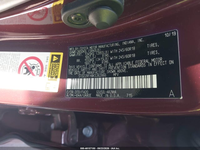 Toyota Highlander Le Plus 2019 5TDZZRFH8KS362866 Image 9