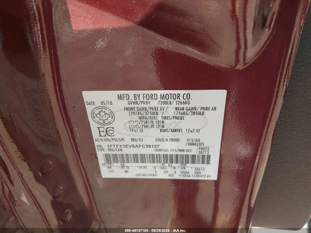 2010 Ford F-150 Fx4/lariat/xl/xlt მანქანა იყიდება აუქციონზე, vin: 1FTFX1EV5AFC39137, აუქციონის ნომერი: 46157185