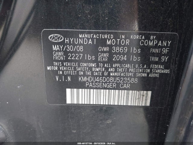 46157194 :رقم المزاد ، KMHDU46D08U523588 vin ، 2008 Hyundai Elantra Gls/se مزاد بيع