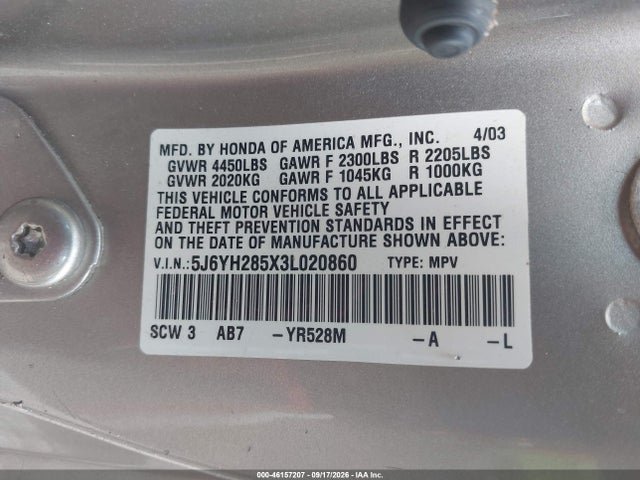 46157207 :رقم المزاد ، 5J6YH285X3L020860 vin ، 2003 Honda Element Ex مزاد بيع