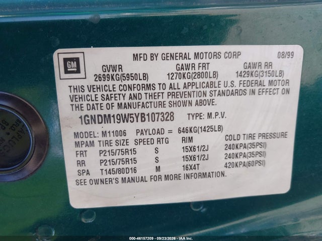 46157209 :رقم المزاد ، 1GNDM19W5YB107328 vin ، 2000 Chevrolet Astro مزاد بيع