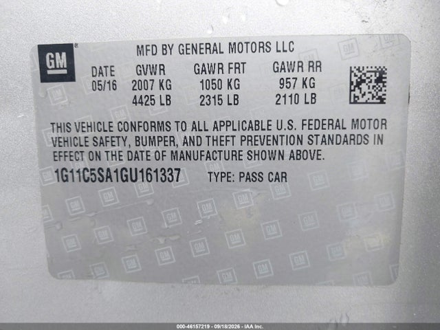2016 Chevrolet Malibu Limited Lt მანქანა იყიდება აუქციონზე, vin: 1G11C5SA1GU161337, აუქციონის ნომერი: 46157219