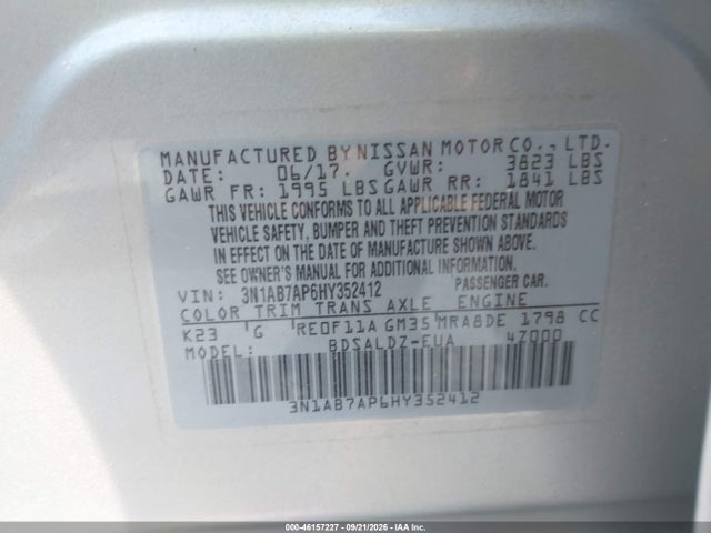 2017 Nissan Sentra Sv მანქანა იყიდება აუქციონზე, vin: 3N1AB7AP6HY352412, აუქციონის ნომერი: 46157227