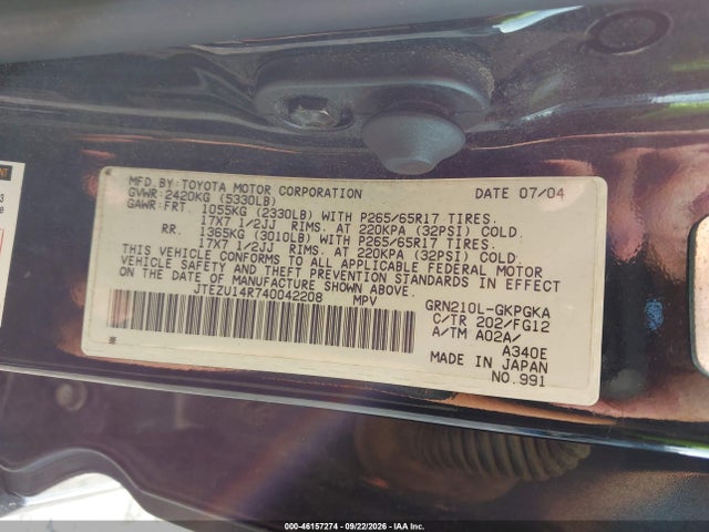 46157274 :رقم المزاد ، JTEZU14R740042208 vin ، 2004 Toyota 4runner Sr5 V6 مزاد بيع