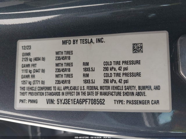 Продаж на аукціоні авто 2023 Tesla Model 3 Rear-wheel Drive, vin: 5YJ3E1EA6PF708562, номер лоту: 46157295