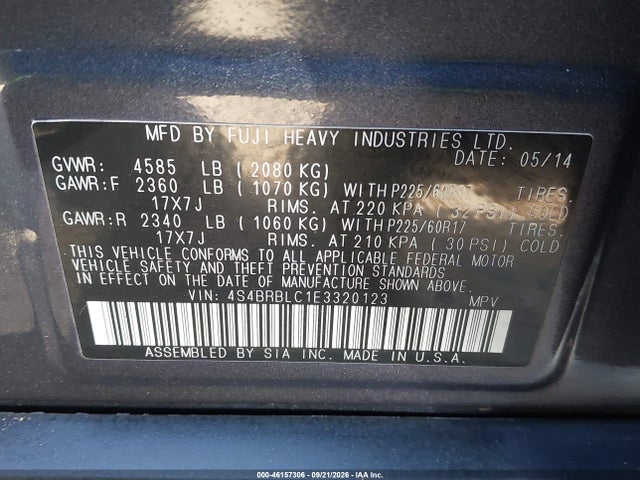 Subaru Outback 2.5i Limited 2014 4S4BRBLC1E3320123 Image 9