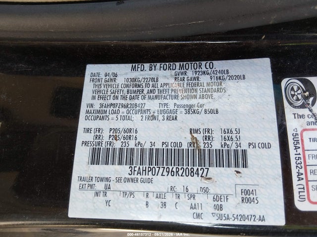 2006 Ford Fusion Se მანქანა იყიდება აუქციონზე, vin: 3FAHP07Z96R208427, აუქციონის ნომერი: 46157312