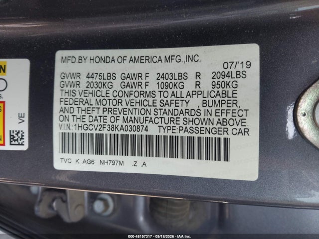 Продажа на аукционе авто 2019 Honda Accord Sport 2.0t, vin: 1HGCV2F38KA030874, номер лота: 46157317