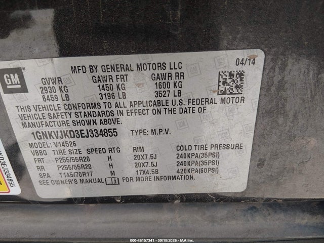 46157341 :رقم المزاد ، 1GNKVJKD3EJ334855 vin ، 2014 Chevrolet Traverse Ltz مزاد بيع