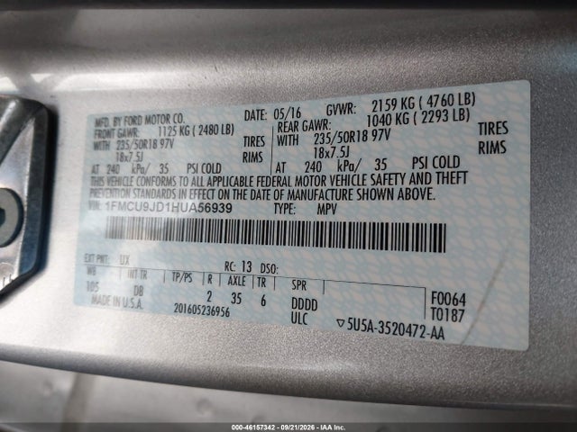 Aukcja sprzedaży 2017 Ford Escape Titanium, vin: 1FMCU9JD1HUA56939, numer aukcji: 46157342