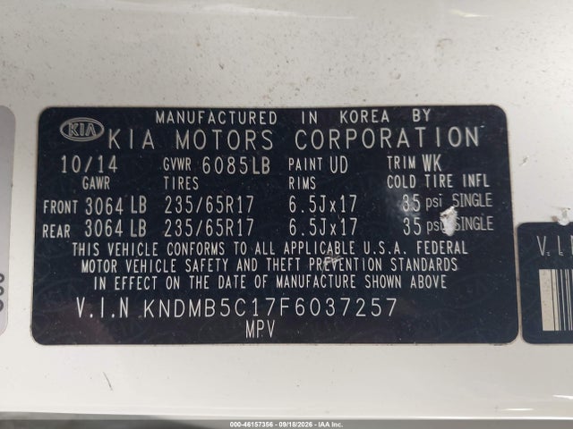 2015 Kia Sedona Lx მანქანა იყიდება აუქციონზე, vin: KNDMB5C17F6037257, აუქციონის ნომერი: 46157356