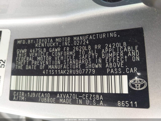 46157393 :رقم المزاد ، 4T1S11AK2RU907779 vin ، 2024 Toyota Camry Se مزاد بيع