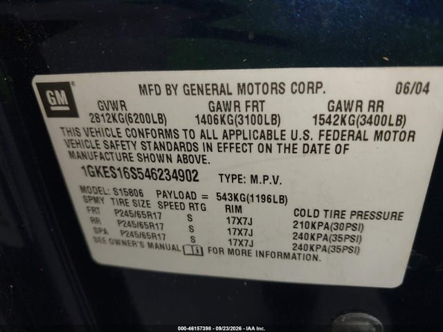 Продаж на аукціоні авто 2004 Gmc Envoy Xl Slt, vin: 1GKES16S546234902, номер лоту: 46157398