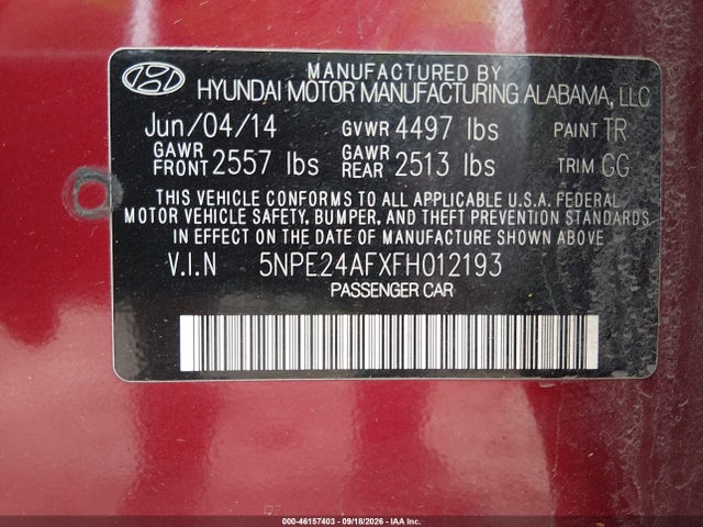 Aukcja sprzedaży 2015 Hyundai Sonata Se, vin: 5NPE24AFXFH012193, numer aukcji: 46157403