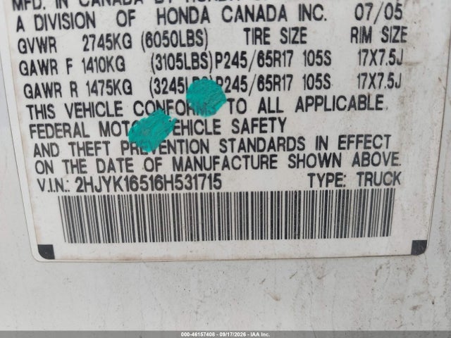 46157408 :رقم المزاد ، 2HJYK16516H531715 vin ، 2006 Honda Ridgeline Rtl مزاد بيع
