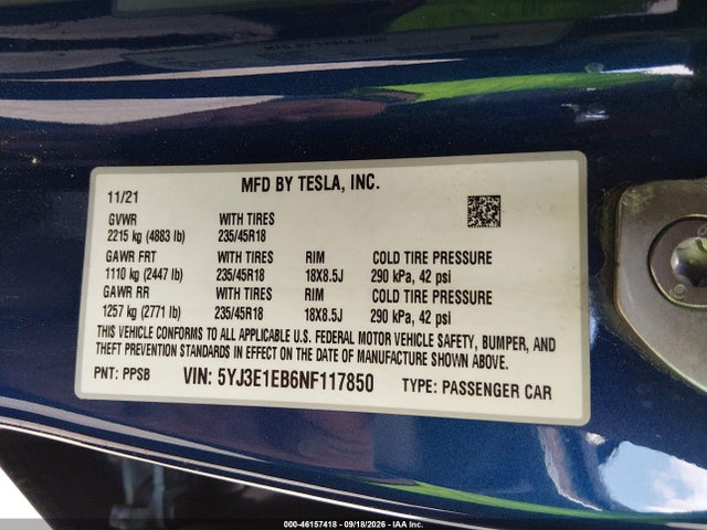 Tesla Model 3 Long Range 2022 5YJ3E1EB6NF117850 Image 9