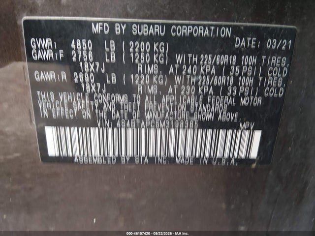 Aukcja sprzedaży 2021 Subaru Outback Touring, vin: 4S4BTAPC5M3198385, numer aukcji: 46157420