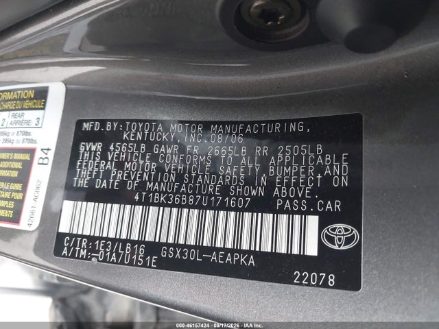 2007 Toyota Avalon Limited მანქანა იყიდება აუქციონზე, vin: 4T1BK36B87U171607, აუქციონის ნომერი: 46157424