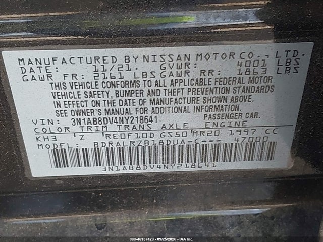 Продажа на аукционе авто 2022 Nissan Sentra Sr Xtronic Cvt, vin: 3N1AB8DV4NY218641, номер лота: 46157428