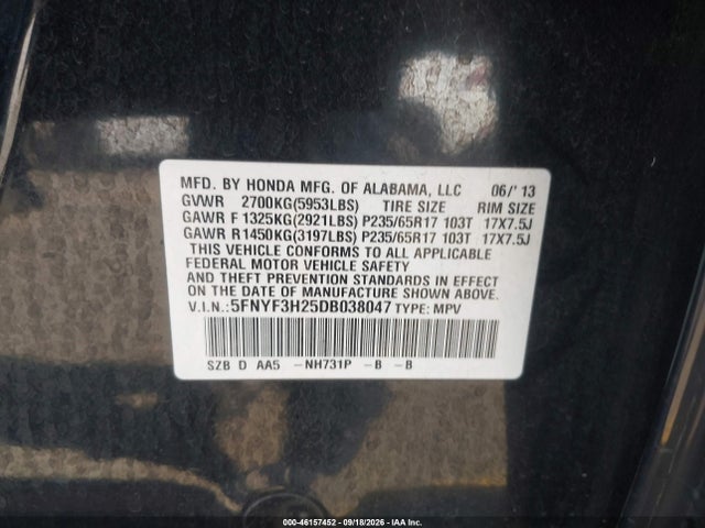 2013 Honda Pilot Lx მანქანა იყიდება აუქციონზე, vin: 5FNYF3H25DB038047, აუქციონის ნომერი: 46157452
