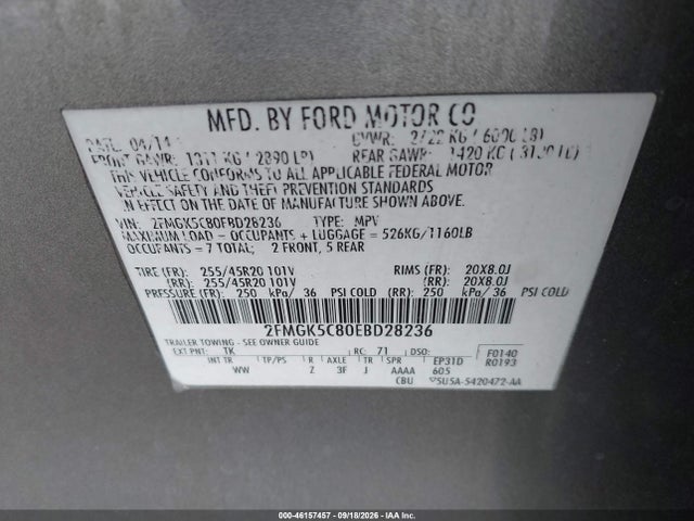 46157457 :رقم المزاد ، 2FMGK5C80EBD28236 vin ، 2014 Ford Flex Sel مزاد بيع