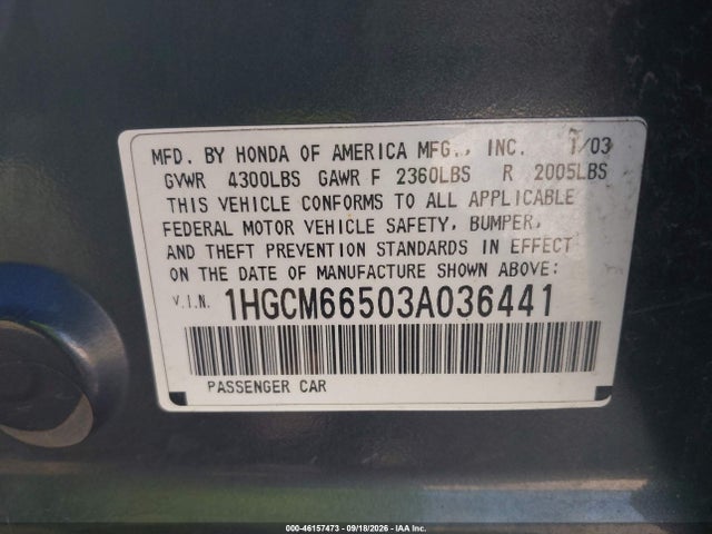Продаж на аукціоні авто 2003 Honda Accord 3.0 Ex, vin: 1HGCM66503A036441, номер лоту: 46157473
