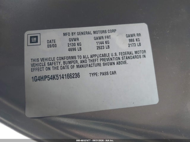 2001 Buick Lesabre Custom მანქანა იყიდება აუქციონზე, vin: 1G4HP54K514166236, აუქციონის ნომერი: 46157477