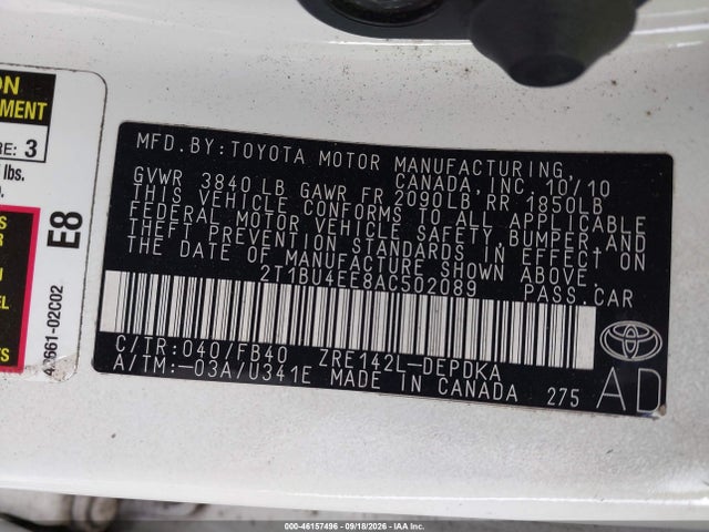 Продаж на аукціоні авто 2010 Toyota Corolla, vin: 2T1BU4EE8AC502089, номер лоту: 46157496