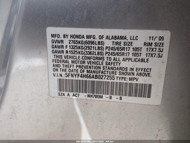 Продажа на аукционе авто 2010 Honda Pilot Exl, vin: 5FNYF4H66AB027255, номер лота: 46157498