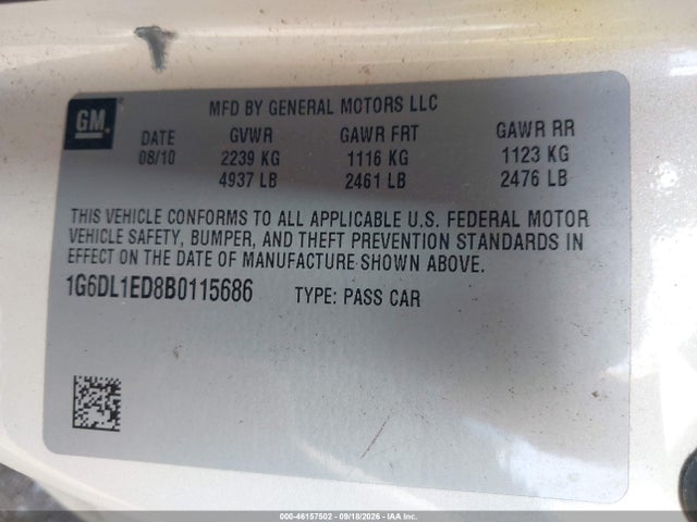 46157502 :رقم المزاد ، 1G6DL1ED8B0115686 vin ، 2011 Cadillac Cts Performance مزاد بيع