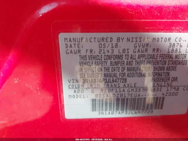Aukcja sprzedaży 2018 Nissan Sentra Sv, vin: 3N1AB7AP3JL647728, numer aukcji: 46157503