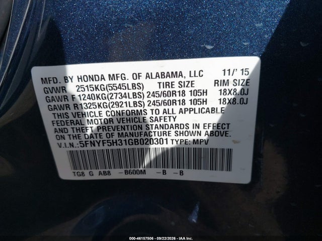 Honda Pilot Ex 2016 5FNYF5H31GB020301 Image 9