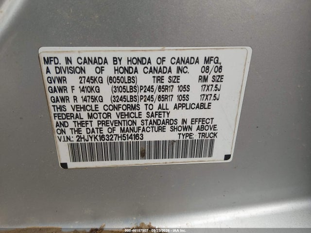 46157507 :رقم المزاد ، 2HJYK16327H514163 vin ، 2007 Honda Ridgeline Rtx مزاد بيع