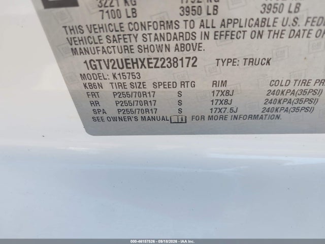 46157526 :رقم المزاد ، 1GTV2UEHXEZ238172 vin ، 2014 Gmc Sierra 1500 Sle مزاد بيع