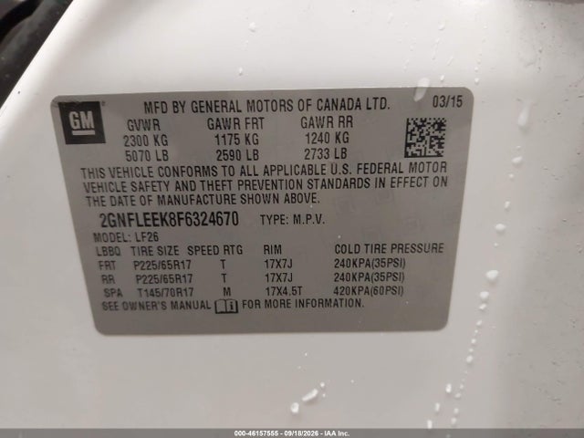 46157555 :رقم المزاد ، 2GNFLEEK8F6324670 vin ، 2015 Chevrolet Equinox Ls مزاد بيع