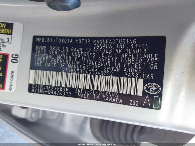 Aukcja sprzedaży 2016 Toyota Corolla Le, vin: 2T1BURHE4GC549752, numer aukcji: 46157559