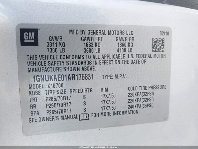 46157578 :رقم المزاد ، 1GNUKAE01AR176831 vin ، 2010 Chevrolet Tahoe Ls مزاد بيع