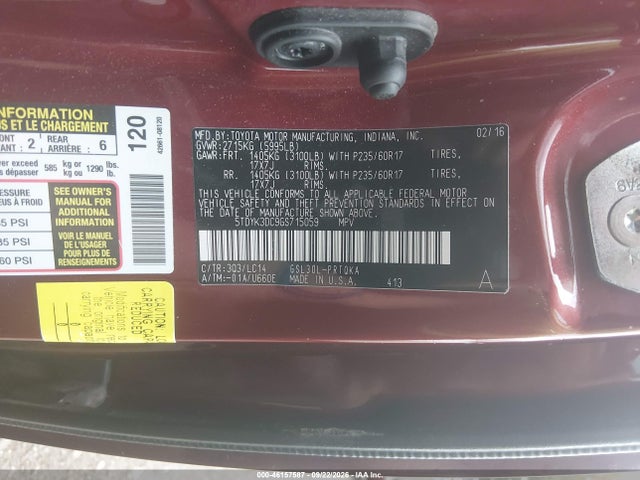 Aukcja sprzedaży 2016 Toyota Sienna Xle 8 Passenger, vin: 5TDYK3DC9GS715059, numer aukcji: 46157587