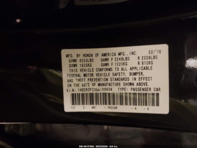 2016 Honda Accord Lx მანქანა იყიდება აუქციონზე, vin: 1HGCR2F33GA148634, აუქციონის ნომერი: 46157594
