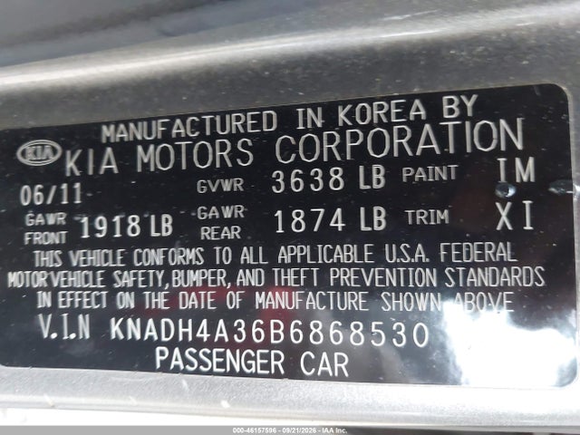 2011 Kia Rio Lx მანქანა იყიდება აუქციონზე, vin: KNADH4A36B6868530, აუქციონის ნომერი: 46157596